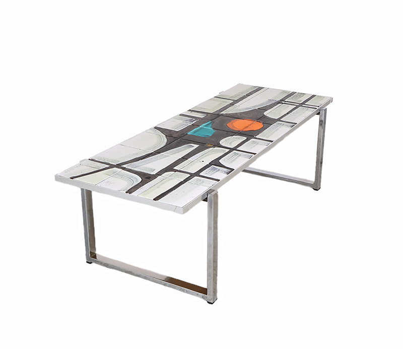 Deniscotegeltafel10 Vintage Denisco tegel salontafel, jaren 60Denisco salontafel, Antonio De Nisco, Rigoli Keramiek, vintage tegeltafel, keramische salontafel, jaren 60 salontafel, handbeschilderde tegels, Belgische design tafel, mid century salontafel, chromen salontafel, vintage design meubel, abstracte tegeltafel, space age, pop art.