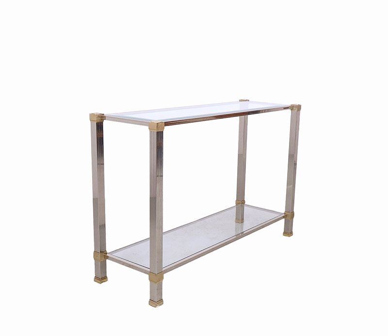 PierreVandel.console14 Vintage glas en metalen console tafel van Pierre Vandel, 1970sPierre Vandel, vintage console tafel, glazen console tafel, Hollywood Regency, Frans design jaren 70, verguld aluminium, verzilverd aluminium, vintage wandtafel, Italian mid century, luxe vintage meubel, Pierre Vandel Paris, postmodern design, vintage interieur jaren 70