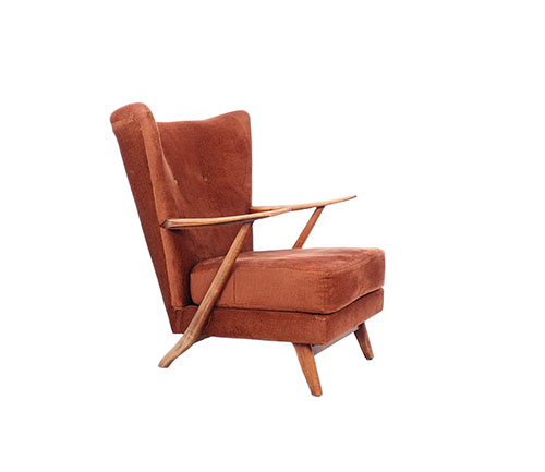 fautoulriboker11 Lounge fauteuil in teak met oker ribfluweelVintage fauteuil,  Lounge fauteuil, teak, oker ribfluweel, teak poten,  teak arm leuningen, jaren 50, mid-century modern tijd.